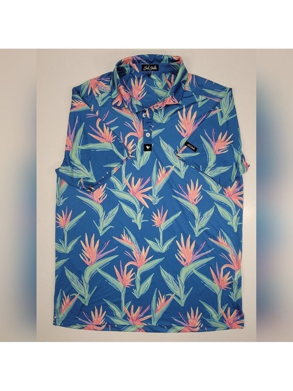 Bad Birdie Polo Shirt Men Large Blue Pink Floral Leaf Print AOP Golf Pickle Ball